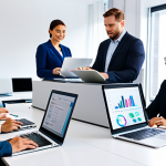 A diverse group of professional business people in a modern, bright office. On one side, a subtle hint of outdated project management: stacks of neat paper reports, a traditional binder, or an older desktop monitor displaying a static spreadsheet. On the other side, the focus shifts to efficiency: team members are engaged with laptops and tablets, collaborating seamlessly on a large, vibrant digital display showcasing a cloud-based project management dashboard with clean, intuitive interfaces. The atmosphere is calm and focused, highlighting the ease of modern work. Professional photography, high resolution, soft studio lighting, natural pose, perfect anatomy, correct proportions, well-formed hands. Safe for work, appropriate content, fully clothed, modest clothing, professional dress, family-friendly.