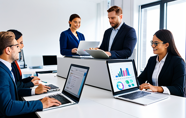 A diverse group of professional business people in a modern, bright office. On one side, a subtle hint of outdated project management: stacks of neat paper reports, a traditional binder, or an older desktop monitor displaying a static spreadsheet. On the other side, the focus shifts to efficiency: team members are engaged with laptops and tablets, collaborating seamlessly on a large, vibrant digital display showcasing a cloud-based project management dashboard with clean, intuitive interfaces. The atmosphere is calm and focused, highlighting the ease of modern work. Professional photography, high resolution, soft studio lighting, natural pose, perfect anatomy, correct proportions, well-formed hands. Safe for work, appropriate content, fully clothed, modest clothing, professional dress, family-friendly.