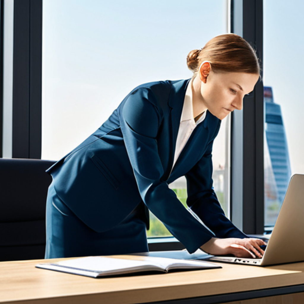 **

A professional businesswoman in a stylish, fully clothed business suit (jacket and skirt/pants), working on a laptop in a modern, well-lit office with large windows overlooking a city skyline (Moscow preferred). The office should have a clean, minimalist design.  Ensure perfect anatomy, correct proportions, and a natural pose. Safe for work, appropriate content, fully clothed, professional setting, high quality, realistic style. Focus on competence and professionalism.

**