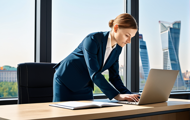 **

A professional businesswoman in a stylish, fully clothed business suit (jacket and skirt/pants), working on a laptop in a modern, well-lit office with large windows overlooking a city skyline (Moscow preferred). The office should have a clean, minimalist design.  Ensure perfect anatomy, correct proportions, and a natural pose. Safe for work, appropriate content, fully clothed, professional setting, high quality, realistic style. Focus on competence and professionalism.

**