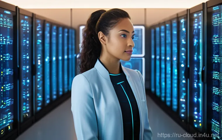 클라우드 환경에서의 로그 관리와 모니터링 - **Prompt:** A highly detailed, intricate, and futuristic data center environment. In the foreground,...