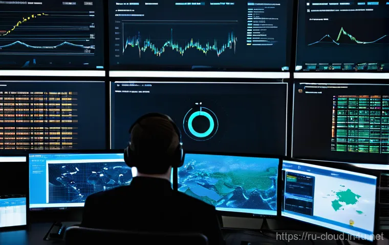 클라우드 환경에서의 로그 관리와 모니터링 - **Prompt:** A highly detailed, intricate, and futuristic data center environment. In the foreground,...