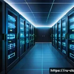 Home 19 클라우드 데이터베이스 설계 및 최적화 - A detailed, futuristic cloud data center interior showing multiple modular database servers arranged...