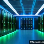 Home 18 클라우드에서 데이터 암호화와 키 관리 - A modern data center interior with rows of high-tech server racks glowing with blue and green LED li...
