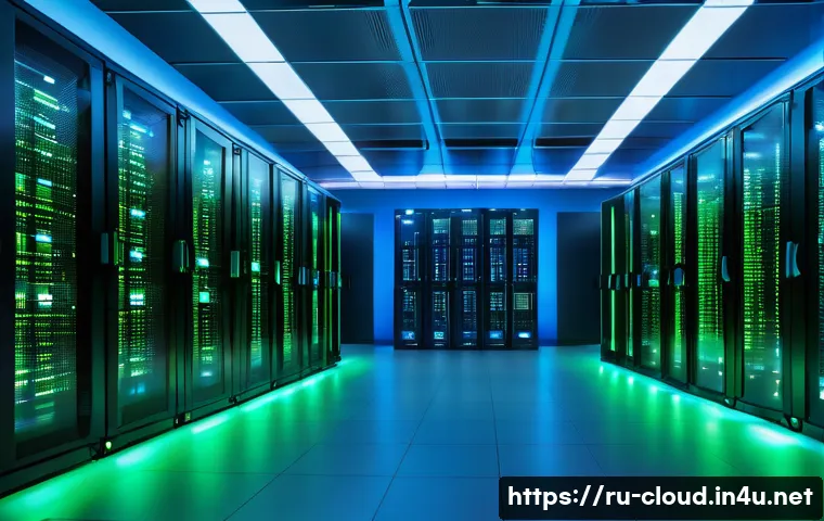 클라우드에서 데이터 암호화와 키 관리 - A modern data center interior with rows of high-tech server racks glowing with blue and green LED li...