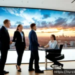 클라우드 마이그레이션 성공 사례 - Photorealistic modern Moscow technology office after a successful cloud migration, diverse Russian I...