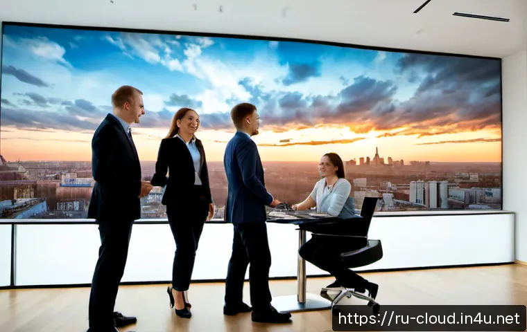 클라우드 마이그레이션 성공 사례 - Photorealistic modern Moscow technology office after a successful cloud migration, diverse Russian I...